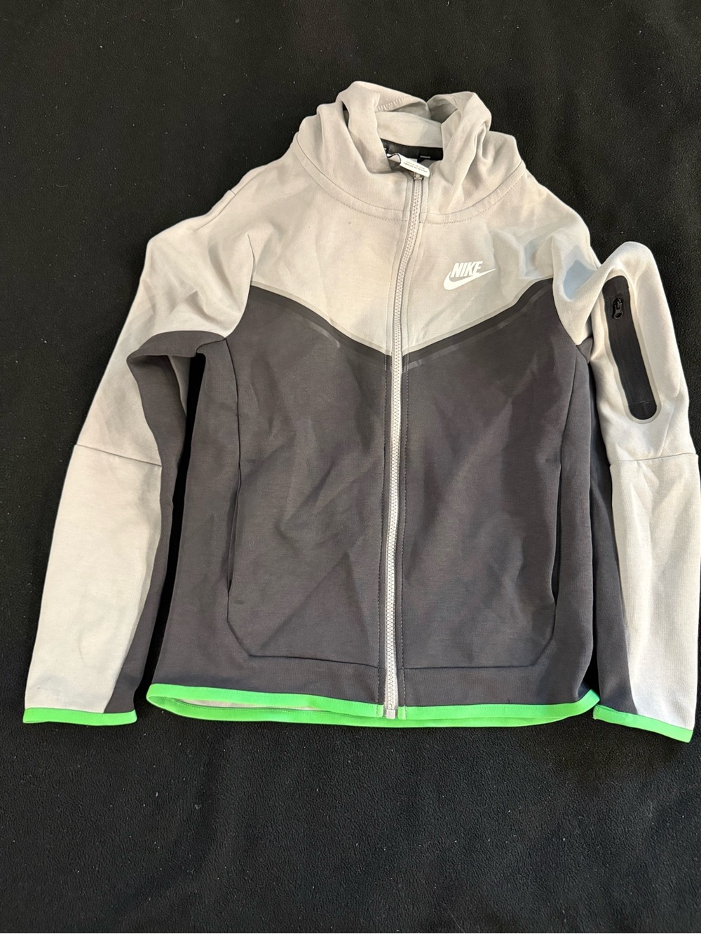 Nike Kids Two-Tone Gray & Charcoal Tech Hoodie with Neon Green Trim